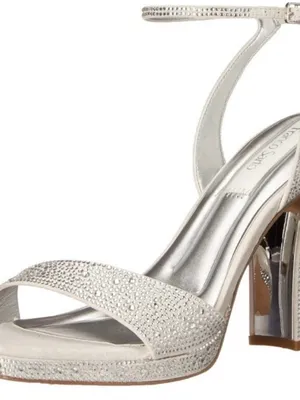 Franco Sarto women’s L-Daffy ankle strap heeled sandals metallic silver w stones thumbnail 1