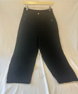 Womans Black barrel Denim Jeans Solid Button Fly 5 thumbnail 1