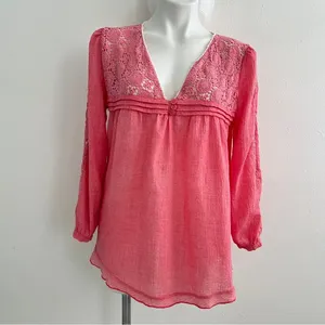 Anthropologie boho babydoll lace blouse top Pink coral SMALL NWOT thumbnail 2
