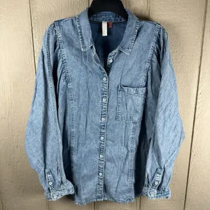Anthropologie Pilcro Puff Long Sleeve Denim Button Up Front Shirt Womens Large thumbnail 1