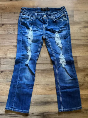 Premier emblished low rise distressed dark wash bootcut denim jeans 3/4 grunge thumbnail 1