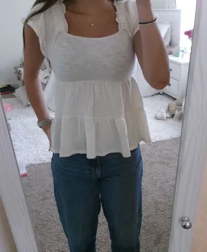 Altar'd State Cream Tiered Peplum Puff Sleeve Blouse thumbnail 1