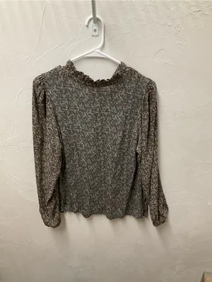 LOFT Olive Green Floral Henley Peasant Blouse thumbnail 3