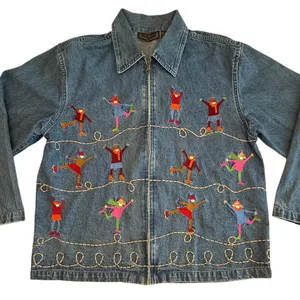 Embroidered Novelty Shacket Ice Skaters Denim Jacket Winter whimsical Teacher M thumbnail 1