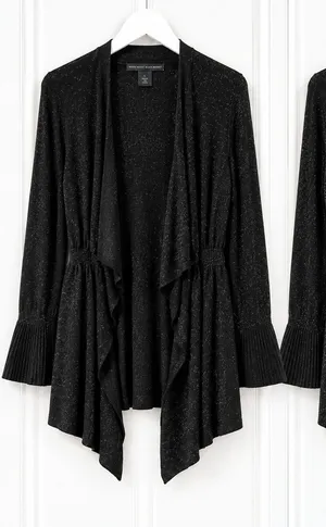 White House Black Market Cardigan L Black Sparkle Draped Bell Sleeve thumbnail 1