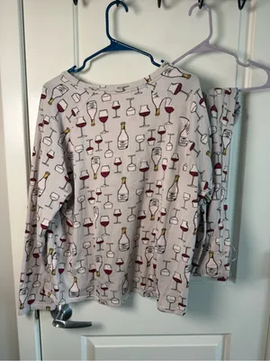 Women's Wine Glass Print Long Sleeve Pajama Set - Cream/Red thumbnail 5