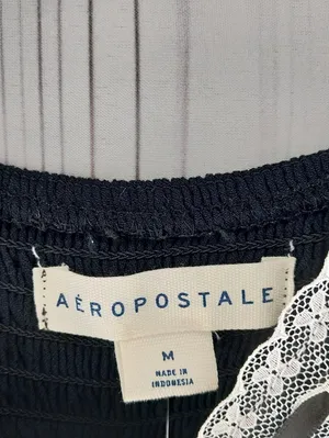 Aeropostale Solid Black V-Neck Lace Trim Tiered Babydoll Mini Dress NWT thumbnail 3