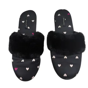 Victoria's Secret Satin Slippers House Shoes Hearts Fuzzy Black Size Large thumbnail 3