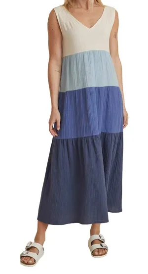 Marine Layer Corinne Colorblock Tiered Maxi Dress Womens S Blue Cotton Gauzy thumbnail 1