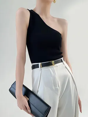 Commense Casual Stretch Solid Black One Shoulder Top Asymmetrical Small thumbnail 1