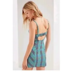 Urban Outfitters Gingham Spaghetti Strap Mini Dress Green Blue Size Small thumbnail 3