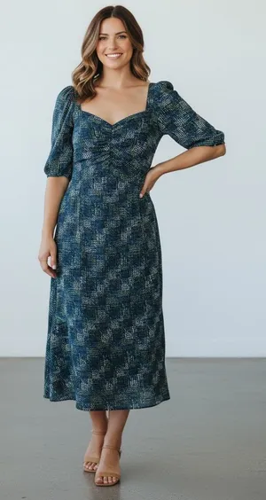 CAbi Elaine Multi Geometric Ruched Neckline,Midi Dress, Puff Sleeves, Smocking thumbnail 1