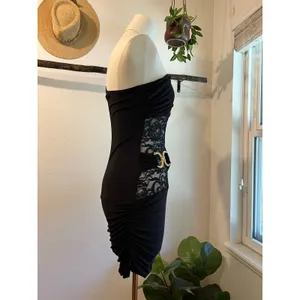 USA De More Y2K Black Stretchy Lace One Shoulder Gold Buckle Dress Size XS thumbnail 3