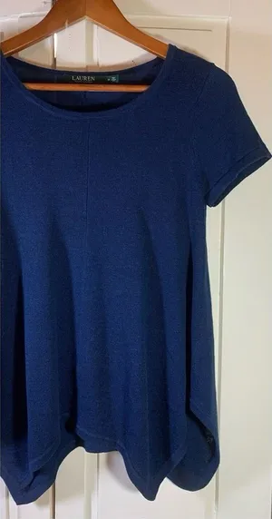 Lauren Ralph Lauren Knit Top‎ Womens Medium Handkerchief Hem Blue Classic Preppy thumbnail 1