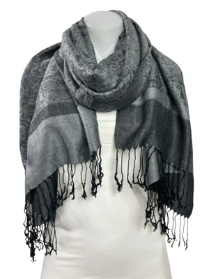 Pashmina Black Gray Paisley Colorblock Silk Fringe Wrap Shawl Neck Scarf OS thumbnail 1