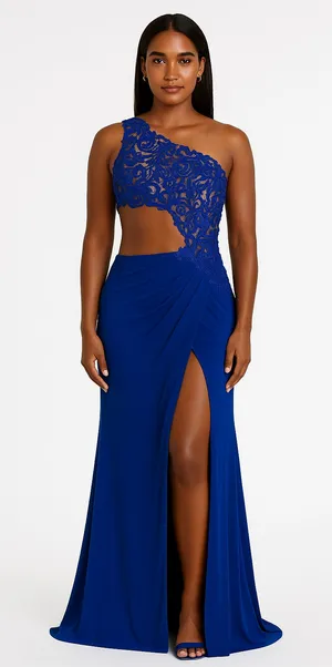 Sherri Hill Royal Blue Jersey One Shoulder Gown Maxi Dress Size 4 J1 thumbnail 1