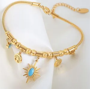 Turquoise Stones Stars Tree Of Life Charms Gold Bracelet thumbnail 1
