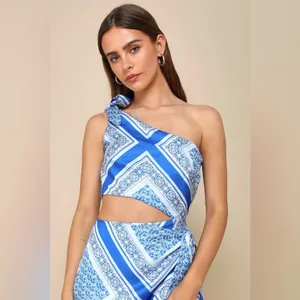 Lulus Vacay Beauty Blue Scarf Print One-Shoulder Tie-Strap Midi Dress thumbnail 4