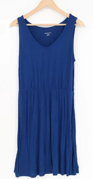 Merona Fit & Flare Dress Womens Medium Royal Blue Rayon Stretch Pleated V Neck thumbnail 1