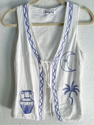 Princess Polly Embroidered Tie Front Linen Blend Vest Top White Blue US 2 thumbnail 1