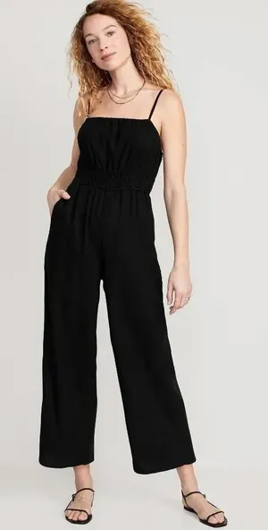 Old Navy Linen Blend Jumpsuit Medium Minimalist Smocked Wide‎ Leg Ankle Black thumbnail 1