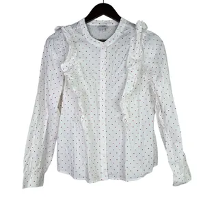 J.Crew Cotton Poplin Ruffle Heart Print Button Down LongSleeve Shirt M White Red thumbnail 11