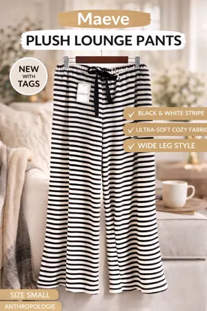 NWT MAEVE Plush Lounge Pants S Black White Stripe Wide Leg Cozy Soft Pajama thumbnail 7
