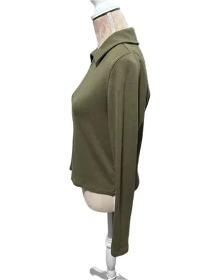 Madewell Ribbed Cotton Zip Front Polo Cardigan Light Sweater Womens Medium Olive thumbnail 5