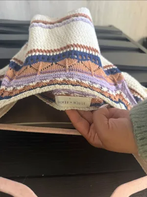 Striped Crochet Scoop Neck Crop Top - Cream with Blue, Purple & Tan thumbnail 2