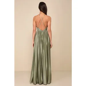 NWT Lulus Elaborate Charm Olive Green Satin Pleated Backless Maxi Dress Party S thumbnail 3