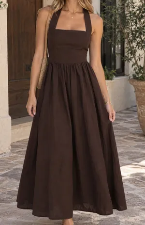 NWT Joie Brown Linen Blend Halter Bow Tie Back Midi Dress Small thumbnail 1