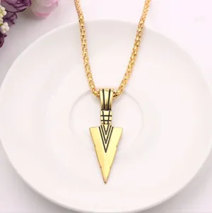 Gold Arrowhead Mens Arrow Pendant Necklace 24" Chain - Native American Style thumbnail 3