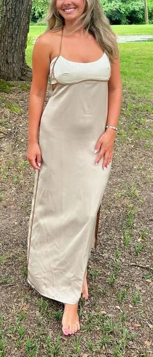 Halter Neck Maxi Dress Tan Size L thumbnail 1
