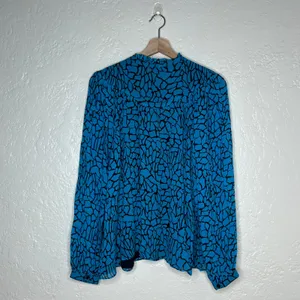 Whistles Blue Black Terrazzo Print Ruffle Neck Blouse US 12 UK 16 Long Sleeve thumbnail 3