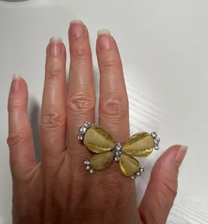 Yellow Butterfly Statement Ring Rhinestone Silver Tone Adjustable Band Oversized thumbnail 1