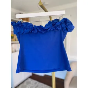 Maeve Anthropologie Blue Ruffle Tube Top Clean Girl Quiet Luxury‎ 4th of July XL thumbnail 3