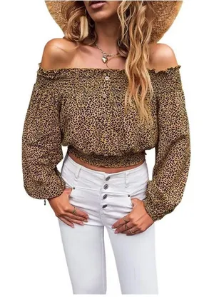Womens Newbury Kustom Leopard Animal Print Wooden Button Off Shoulder Crop Top S thumbnail 1