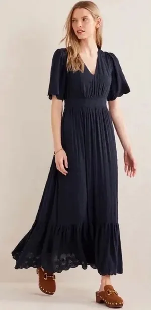 BODEN Broderie Floral Anglaise Eyelet Maxi Dress Navy Blue Embroidered US 2 thumbnail 1