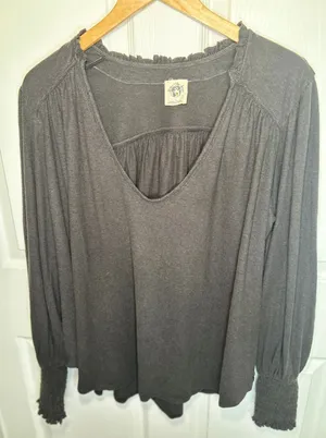 Free People We The‎ Free Peasant Top L Gray Natural Organic Cotton Smocked Boho thumbnail 1