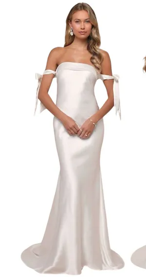 Lulus Eternally Loved White Cutout Satin Off-the-Shoulder Maxi Dress size S NWT thumbnail 1