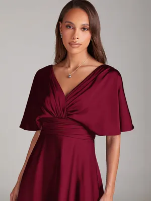 Azazie Pamela Burgundy Red A-Line Pleated Stretch Satin Dress thumbnail 4