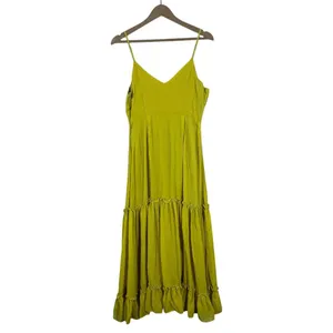 RAGA Tiered Metallic Clip Dot Maxi Dress Chartreuse Boho Ruffle Size L thumbnail 4