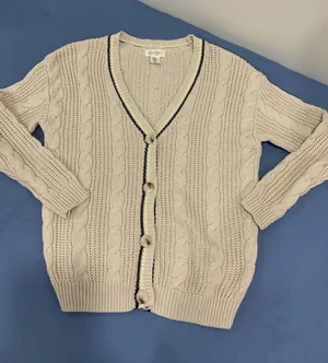 Jessica Simpson Beige Cable Knit Ribbed Trim V-NECK Cardigan XS thumbnail 1