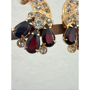 Gold-Tone Rhinestone & Deep Red Cabochon Clip-On Earrings thumbnail 3