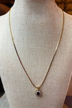 Gold Ruby Red Oval Gemstone Halo Pendant Necklace thumbnail 1