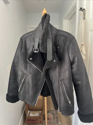 Sebby Black Washed Black Teddy Lined Aviator Bomber Style Full Zip Jacket M thumbnail 3