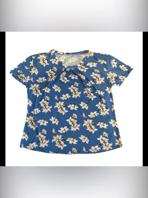 Liz & Lilli Women’s Blue Floral Print Round Neck Short Sleeve Shirt Size XL thumbnail 4