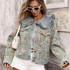 Floral Tapestry Denim Jacket Oversized Ruffle Peter Pan Collar Woven Medium thumbnail 1