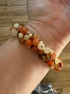 Boho Cluster Bead Wrap Stretch Bracelet, Earth Tones -Orange & Cream thumbnail 2
