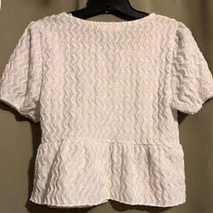 White‎ Texture Peplum Tie Front Top Blouse Short Sleeve Casual thumbnail 2